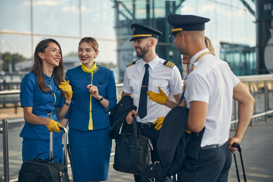 Cheerful Atlanta airline workers talking on the street
