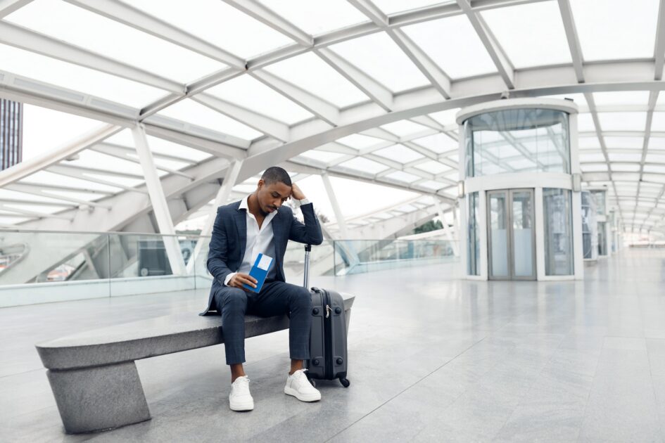 Delayed Flight Concept. Depressed Black Businessman Sitting With Suitcase At Atlanta Airport Terminal