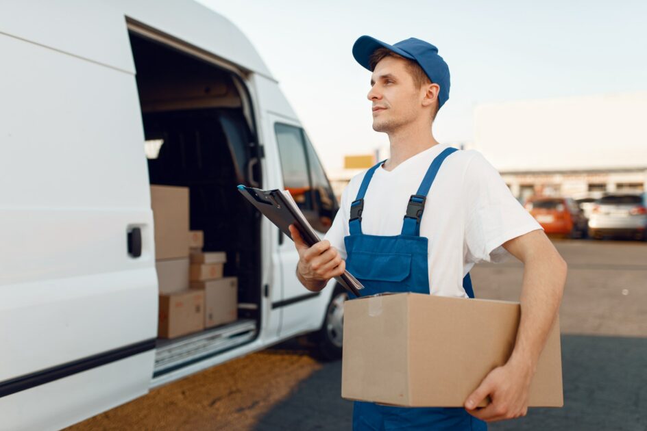Deliveryman in uniform gives parcel, DHL delivery at Atlanta Airport