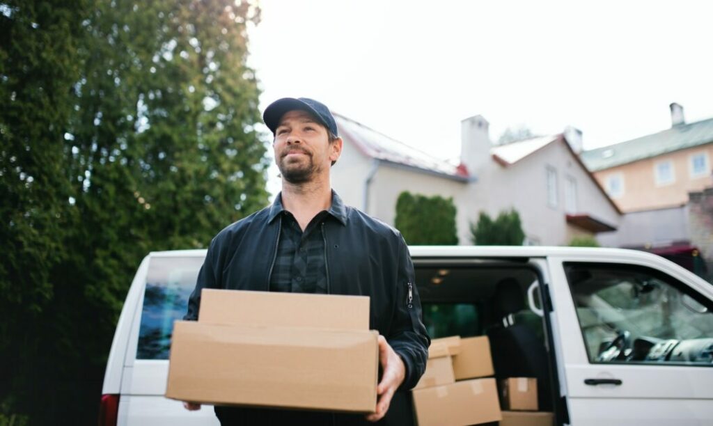 Portrait of delivery man courier delivering parcel box in Atlanta GA