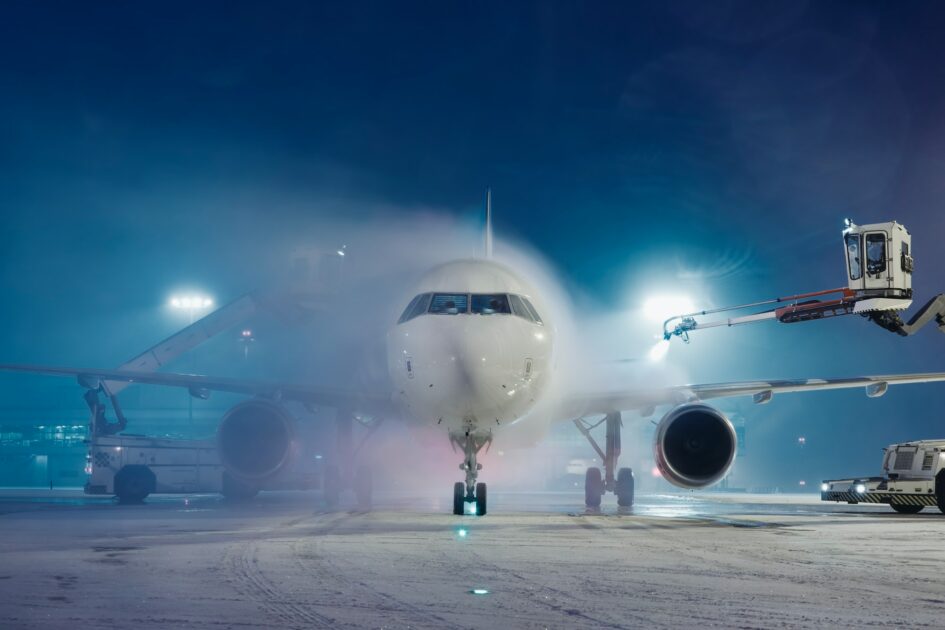Deicing of airplane at airport